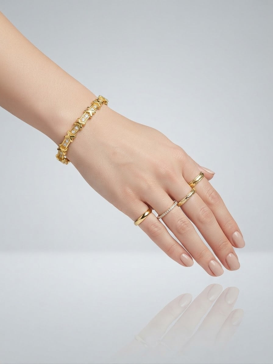 Stainless steel Gold Zirconia studded 18k beaded Cuff Bracelet