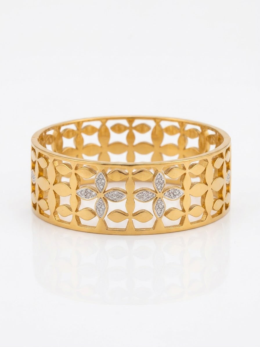 Stainless steel Gold Zirconia studded chunky 18k Cuff Bracelet