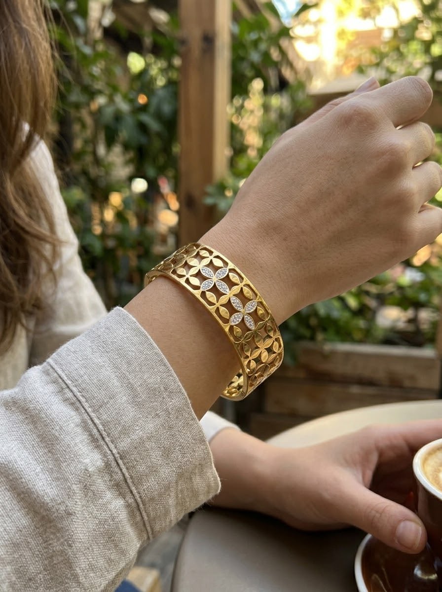 Stainless steel Gold Zirconia studded chunky 18k Cuff Bracelet