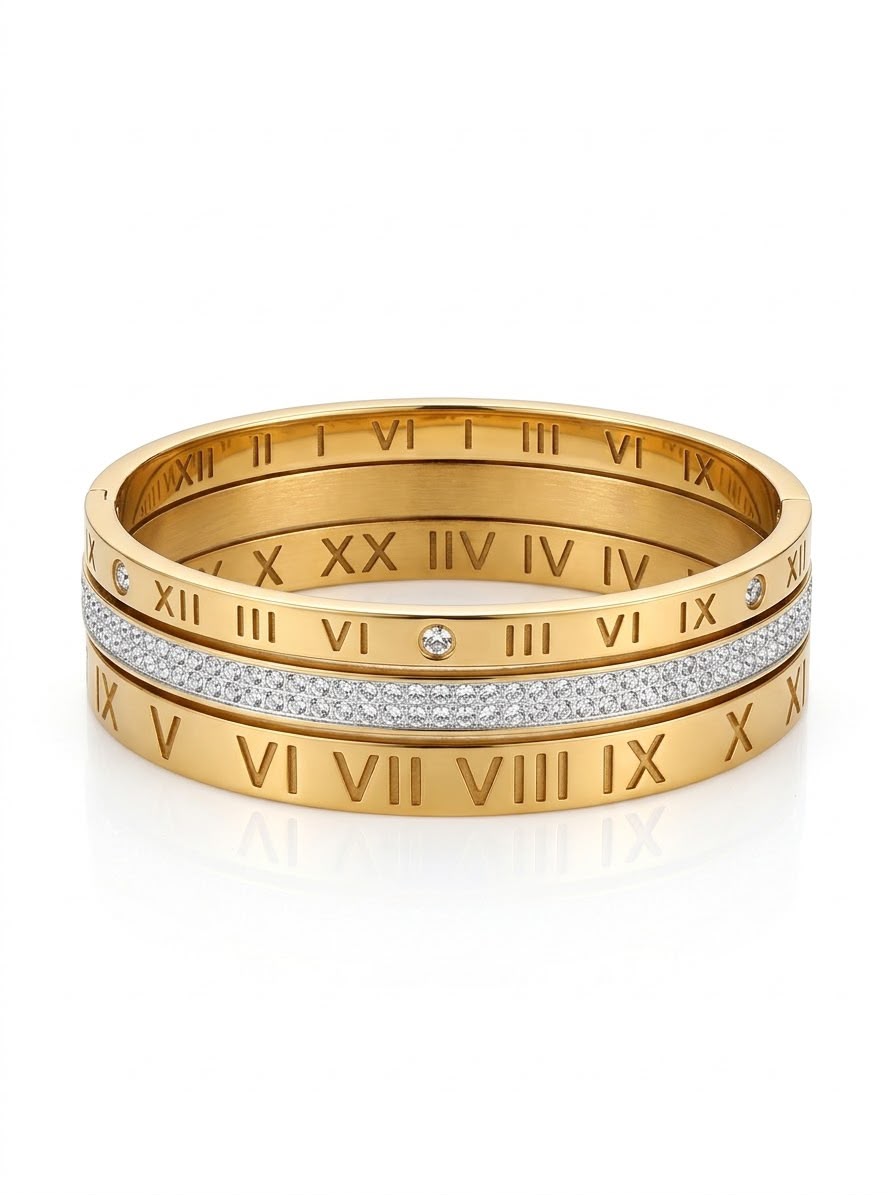 Stainless steel Gold Zirconia studded Roman chunky 18k Cuff Bracelet