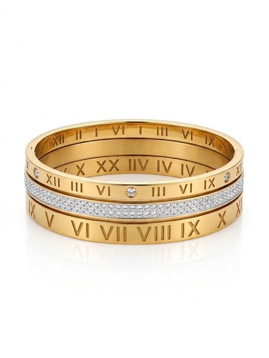 Stainless steel Gold Zirconia studded Roman chunky 18k Cuff Bracelet