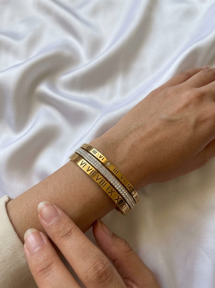 Stainless steel Gold Zirconia studded Roman chunky 18k Cuff Bracelet