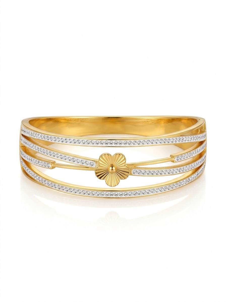 Stainless steel Gold Zirconia studded Clovie chunky 18k Cuff Bracelet