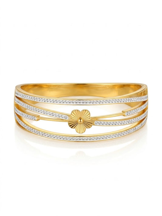 Stainless steel Gold Zirconia studded Clovie chunky 18k Cuff Bracelet