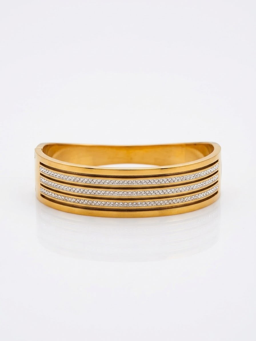 Stainless steel Chunky Gold Zirconia studded  18k Cuff Bracelet