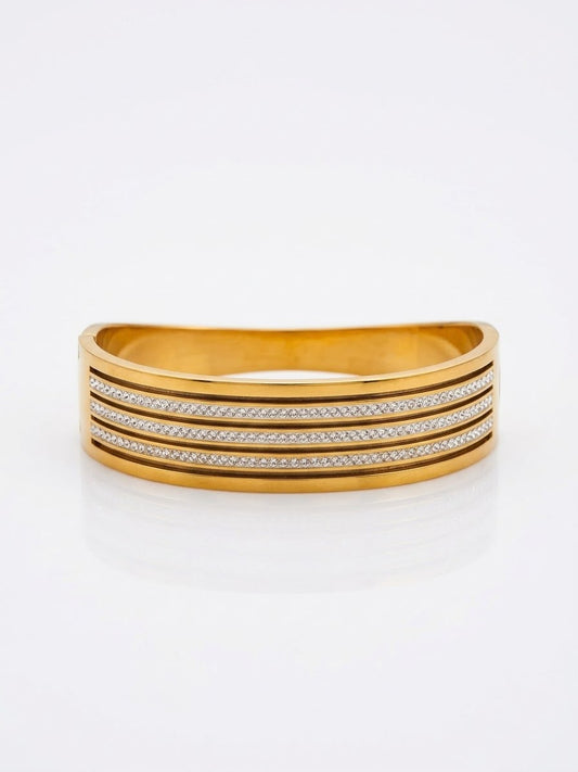 Stainless steel Chunky Gold Zirconia studded  18k Cuff Bracelet