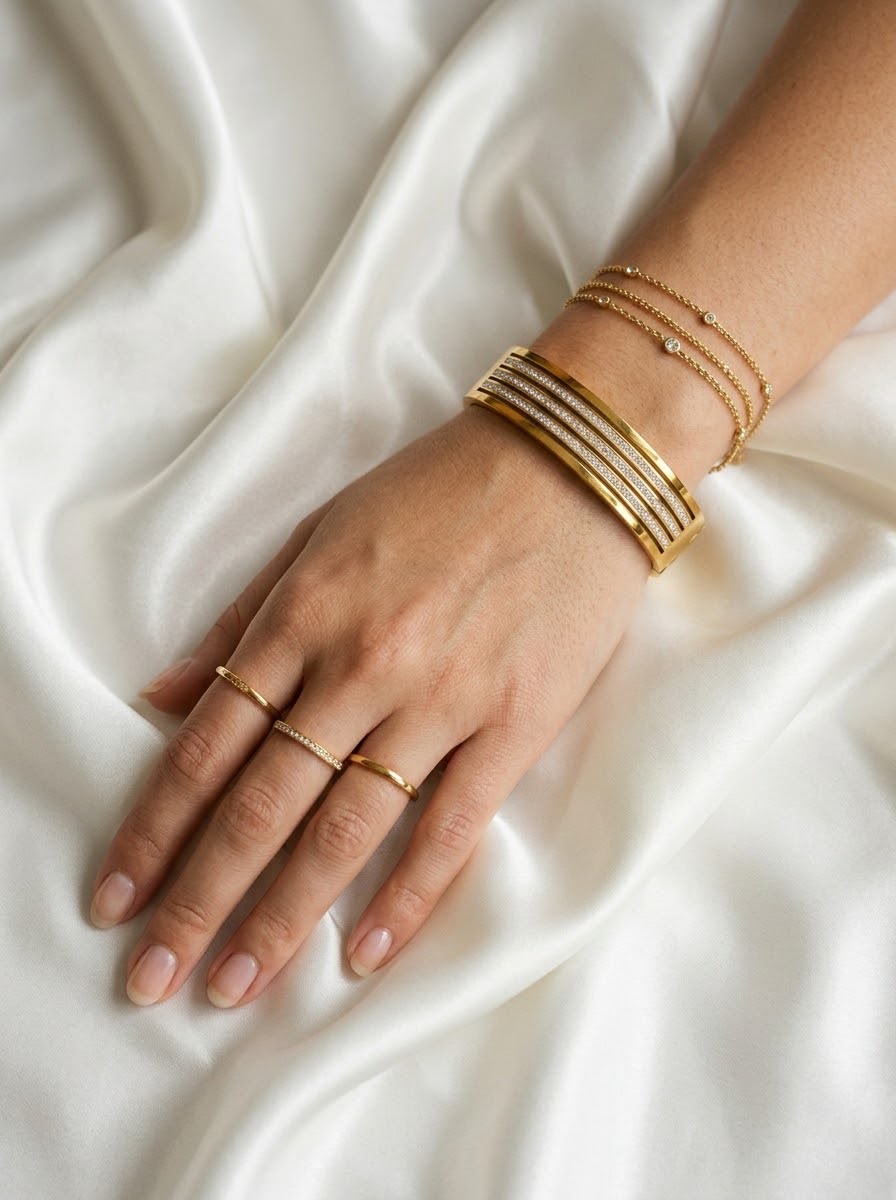 Stainless steel Chunky Gold Zirconia studded  18k Cuff Bracelet