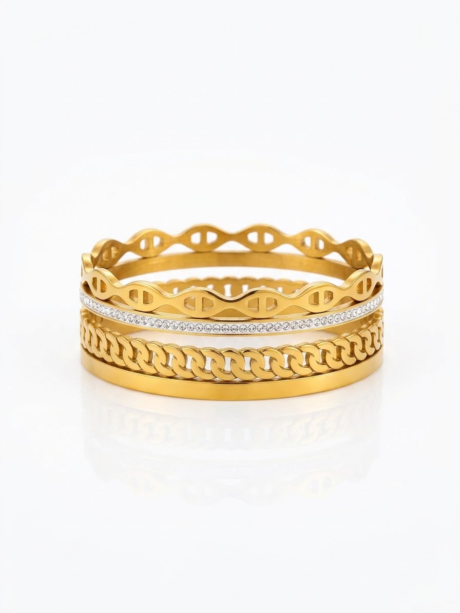 Stainless steel Chunky Gold Zirconia studded 18k Cuff Bracelet