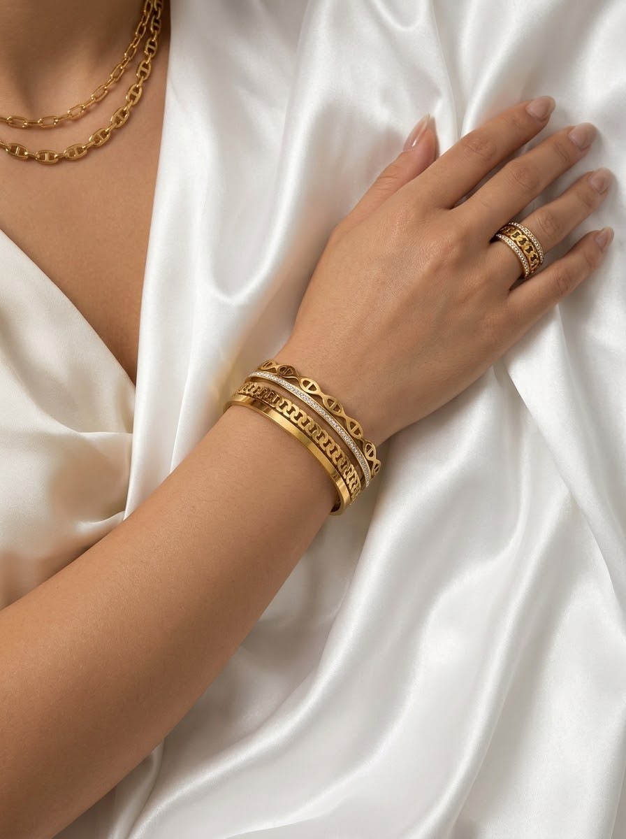 Stainless steel Chunky Gold Zirconia studded 18k Cuff Bracelet