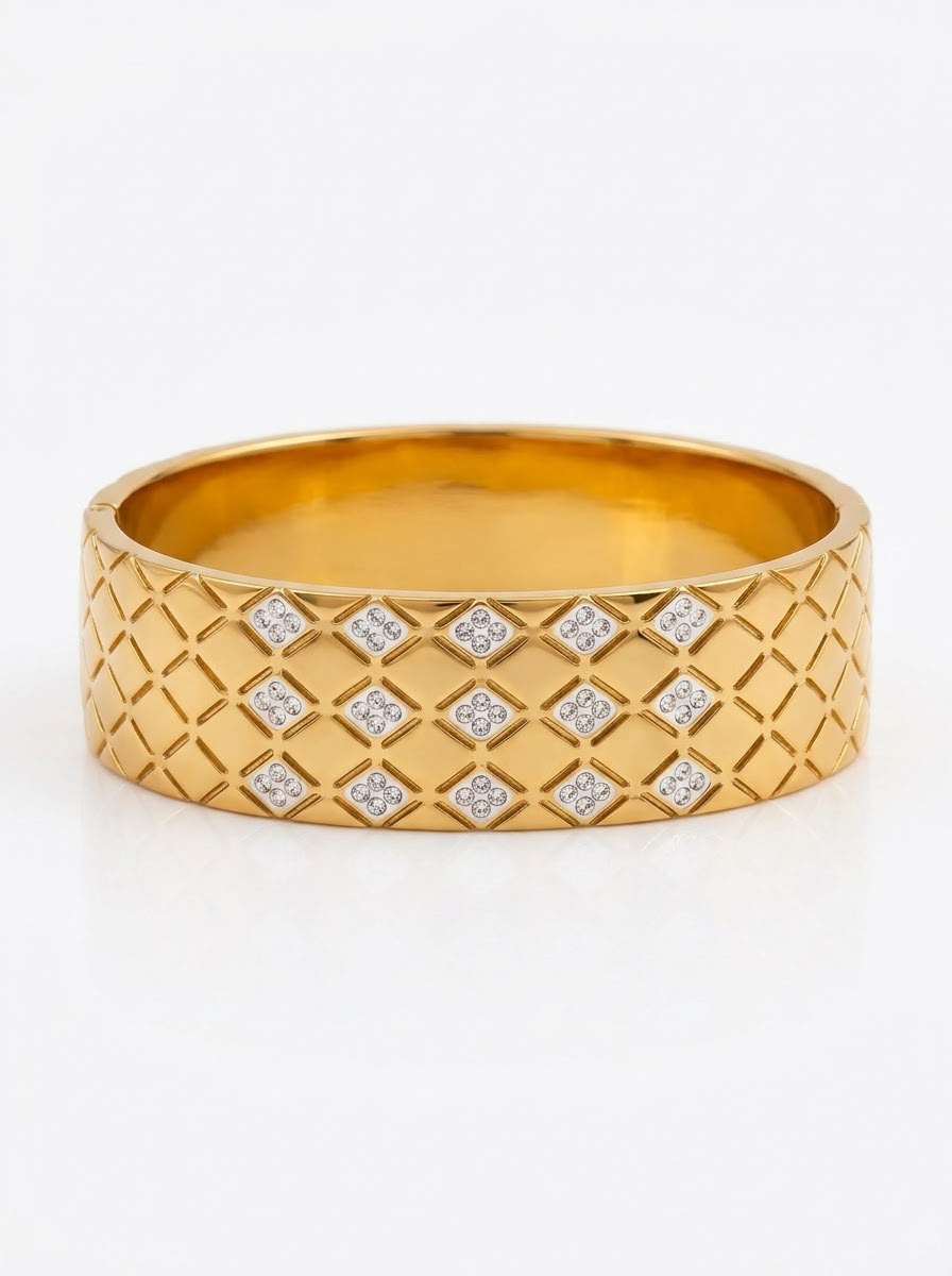 Stainless steel Chunky Gold Zirconia studded  18k Cuff Bracelet