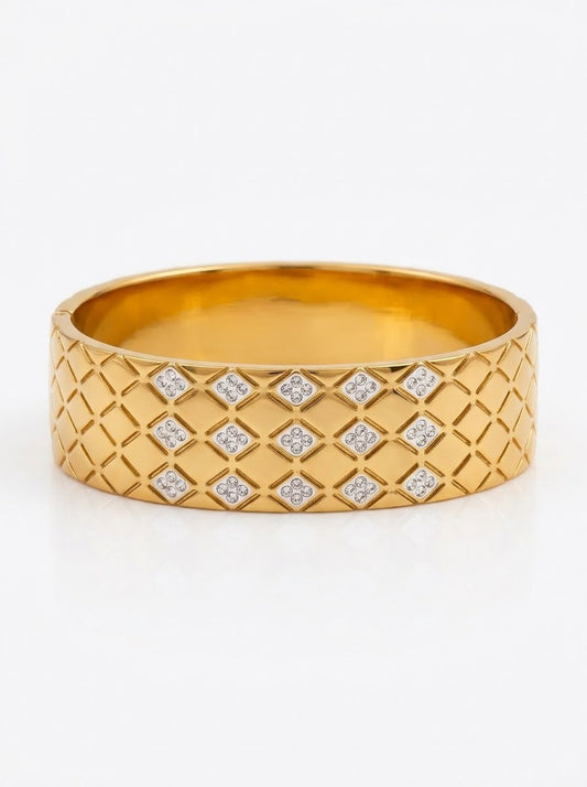 Stainless steel Chunky Gold Zirconia studded  18k Cuff Bracelet