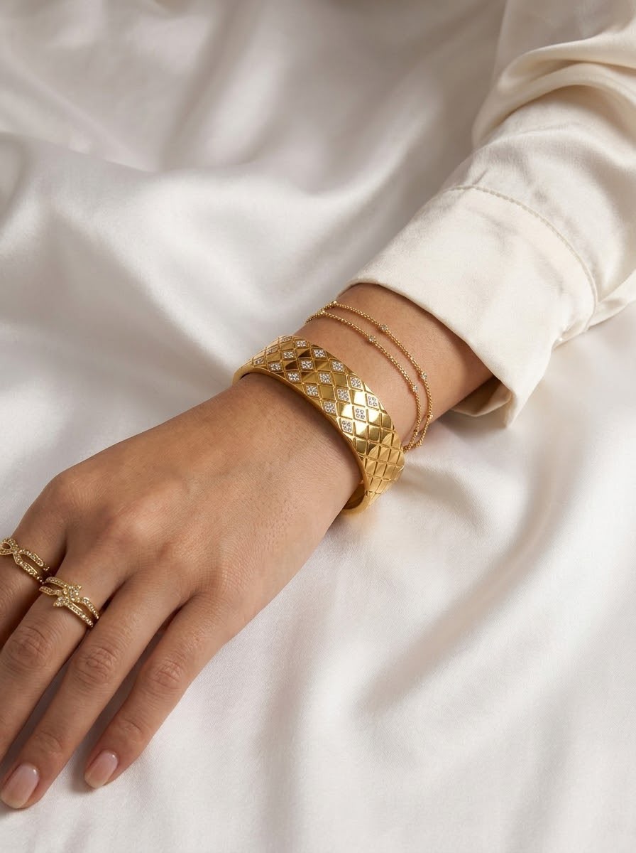Stainless steel Chunky Gold Zirconia studded  18k Cuff Bracelet
