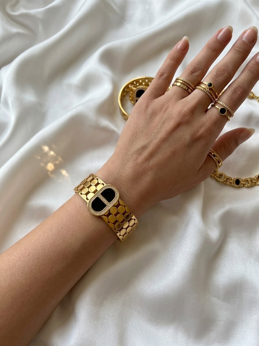 Stainless steel Chunky Gold Zirconia studded  18k Cuff Bracelet