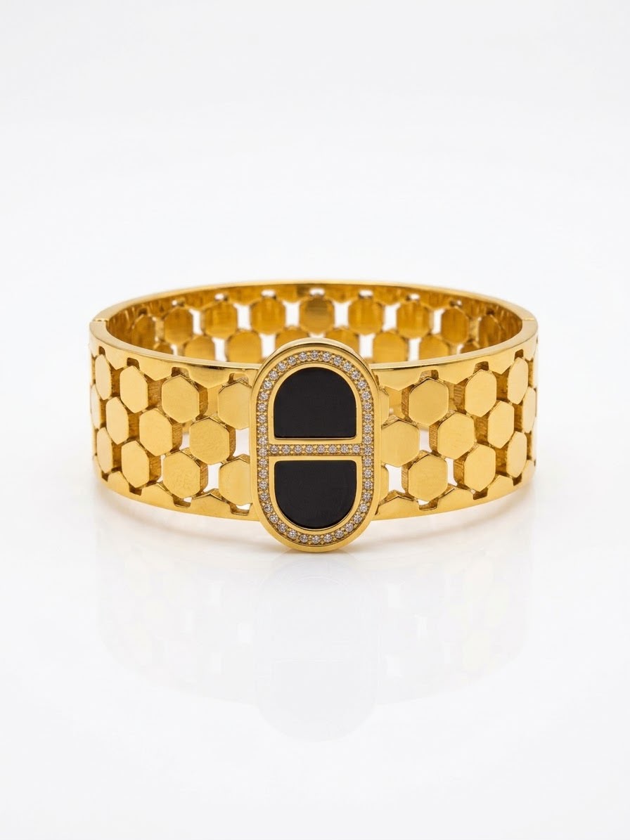 Stainless steel Chunky Gold Zirconia studded  18k Cuff Bracelet