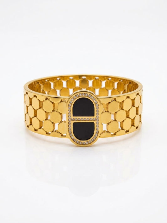 Stainless steel Chunky Gold Zirconia studded  18k Cuff Bracelet