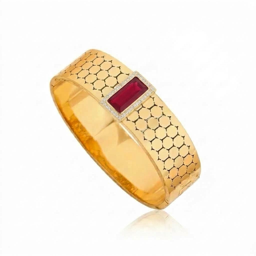 Retro Stainless steel Chunky Gold Zirconia studded 18k Cuff Bracelet
