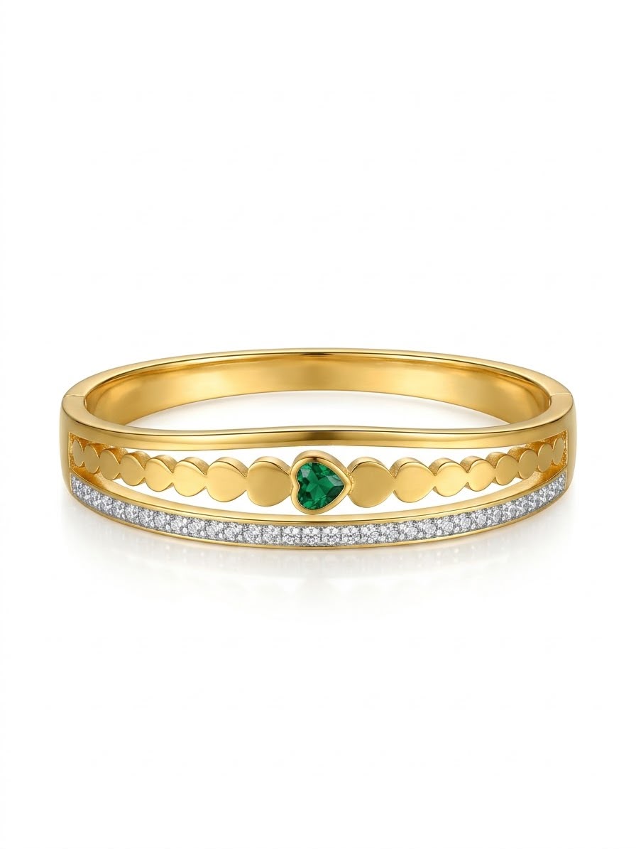 Stainless steel Gold Zirconia Emerald Heart 18k Cuff Bracelet