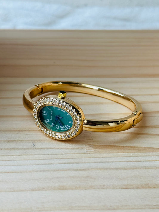 ✨ Carte Gold Emerald Dial Zircon studded Cuff Watch ✨