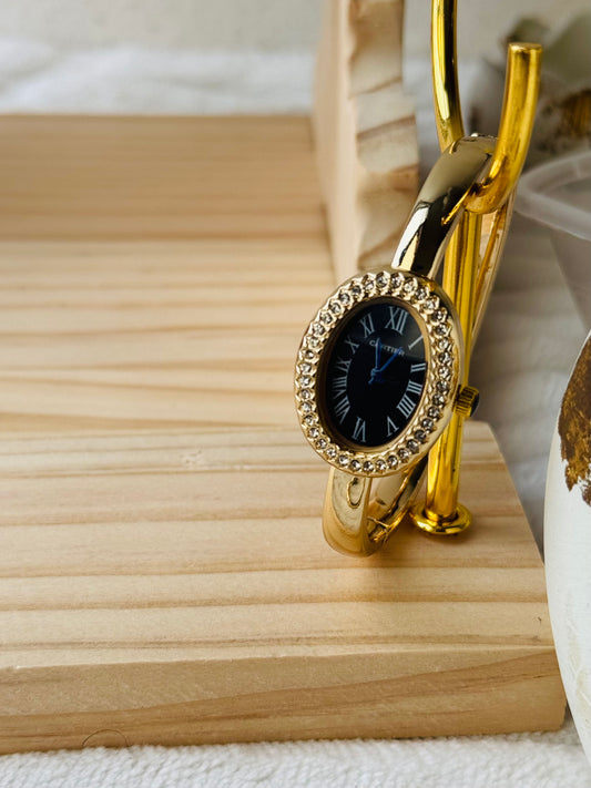 ✨ Carte Gold Black Dial Zircon studded Cuff Watch ✨