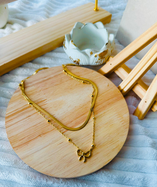 ✨ Stainless steel Gold layered snake chain Beaded Bow Necklace Pendant ✨