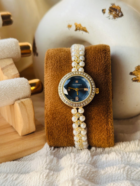 ✨Exclusive Gold Zircon Studded Blue Dial Pearl Watch ✨