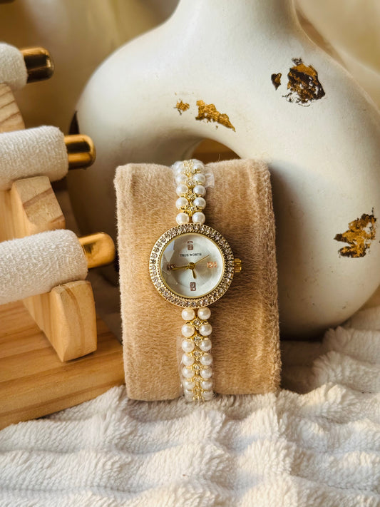 ✨Exclusive Gold Zircon Studded White Dial Pearl Watch ✨