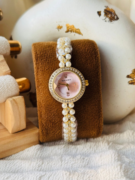 ✨Exclusive Gold Zircon Studded Pink Dial Pearl Watch ✨