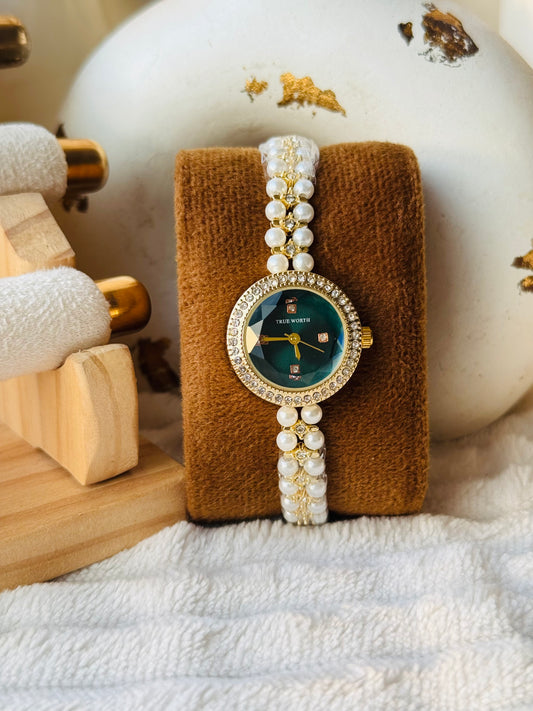 ✨Exclusive Gold Zircon Studded Emerald Dial Pearl Watch ✨