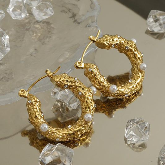 ✨Exquisite Stainless steel Gold Pearl Crystal Hoop Earrings ✨