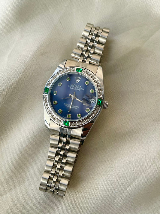✨ Exclusive Blue Dial with Emeralds Studded Crystals  Rlx Jubilee Edition Silver Watch  ✨