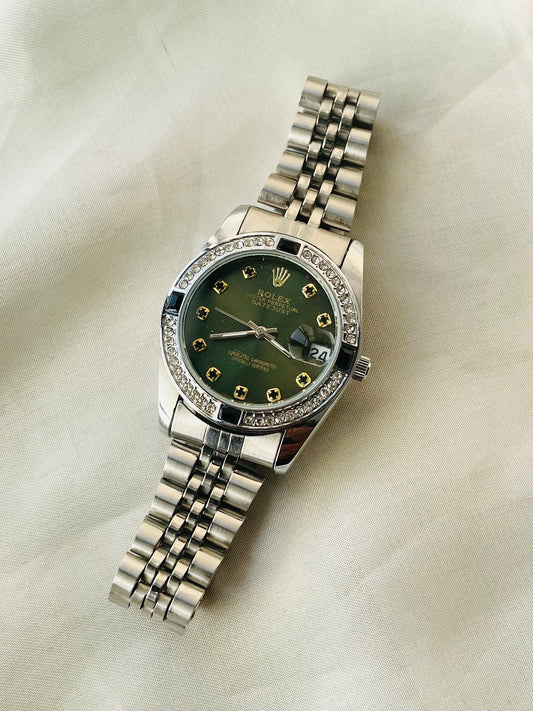 ✨ Exclusive Emerald Dial with Black Studded Crystals Rlx Jubilee Edition Silver Watch  ✨