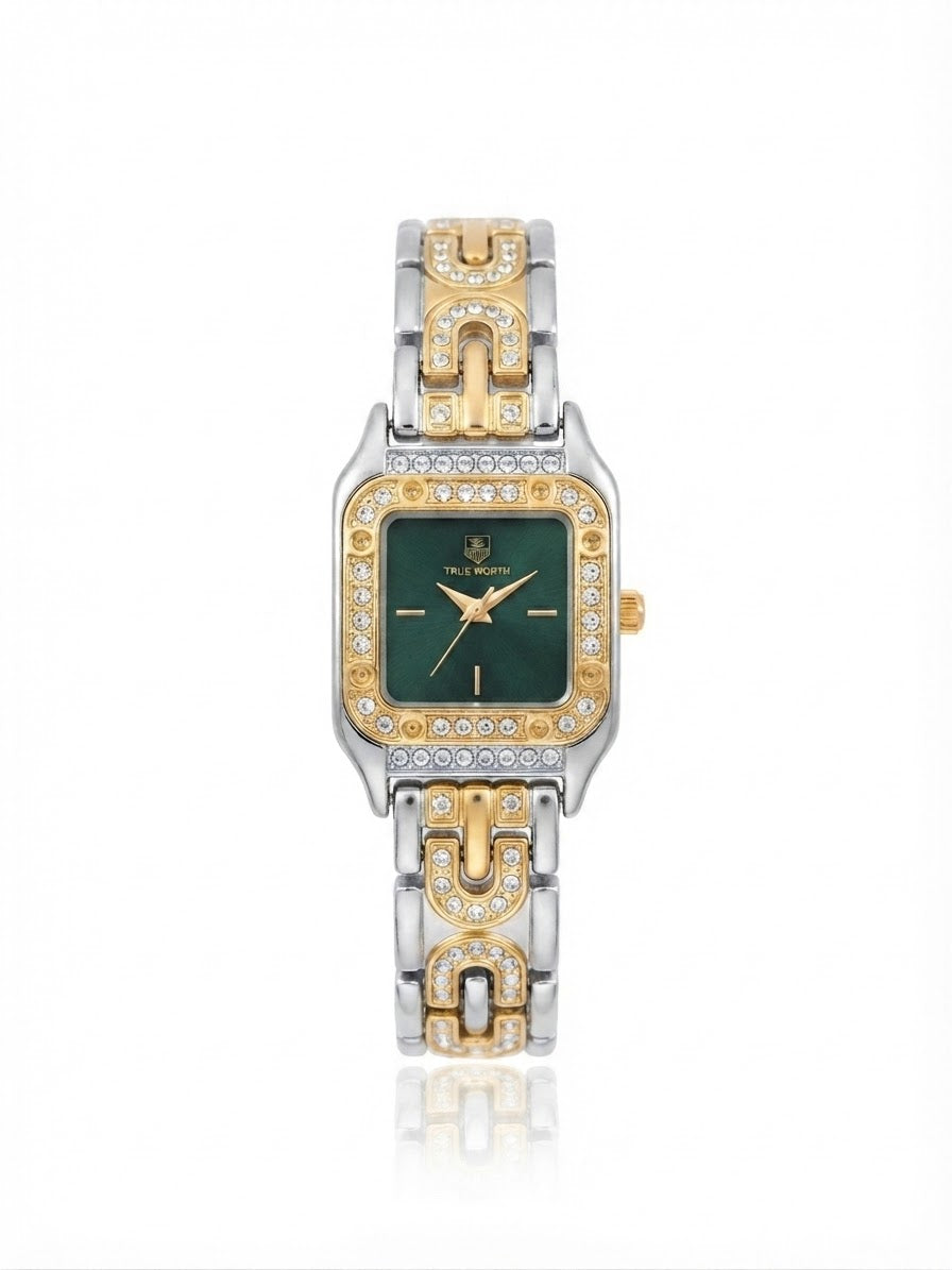 ✨Exquisite stainless steel SilverXGold Emerald dial Zirconium True worth Watch✨