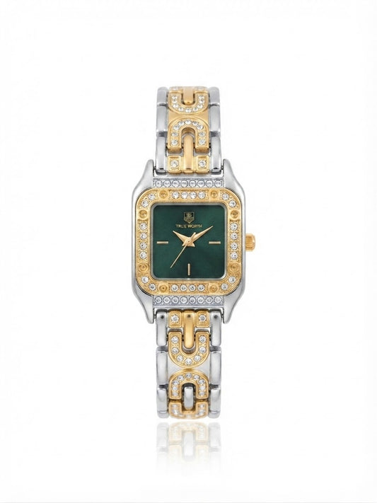 ✨Exquisite stainless steel SilverXGold Emerald dial Zirconium True worth Watch✨