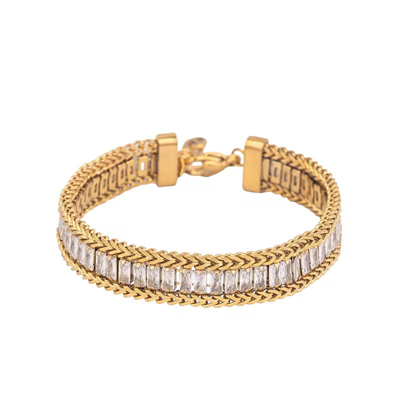 Exclusive Stainless steel Gold Zircon Studded Luster Chain Bracelet