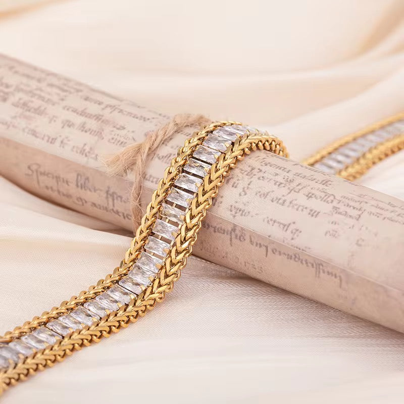 Exclusive Stainless steel Gold Zircon Studded Luster Chain Bracelet