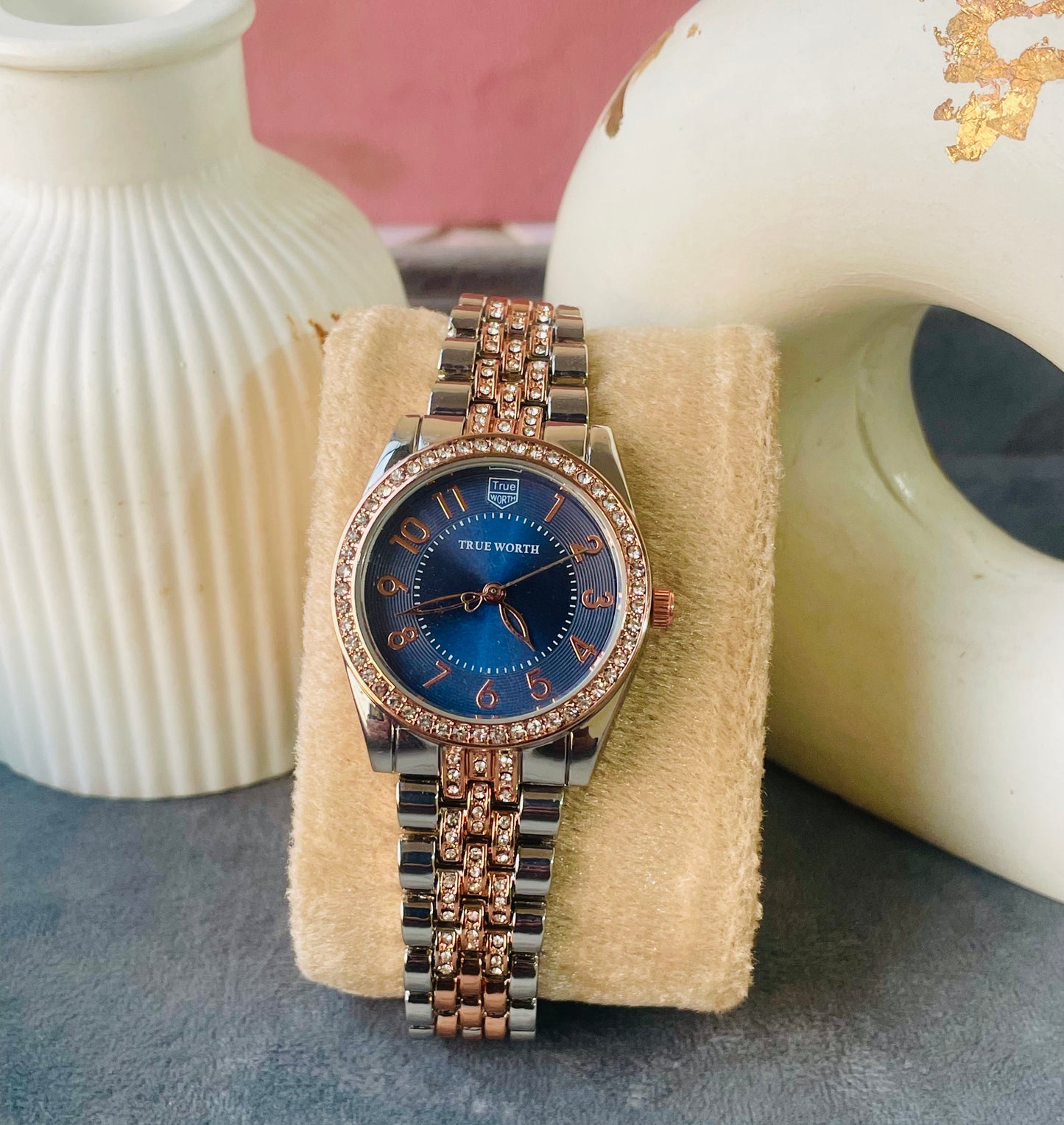✨Exquisite Crystal studded Blue Dial SilverXRoseGold True Worth Watch ✨