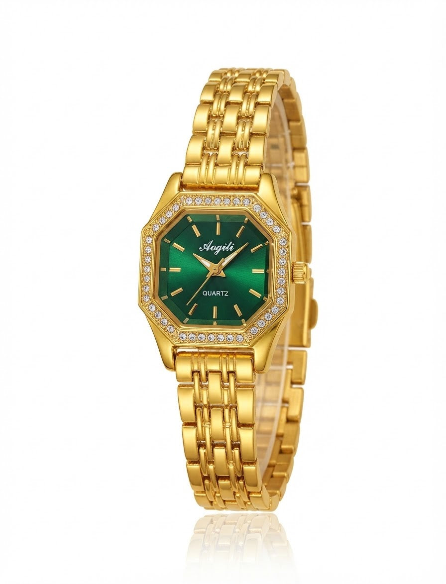 ✨Exquisite stainless steel Emerald dial zirconia studded jubilee watch✨