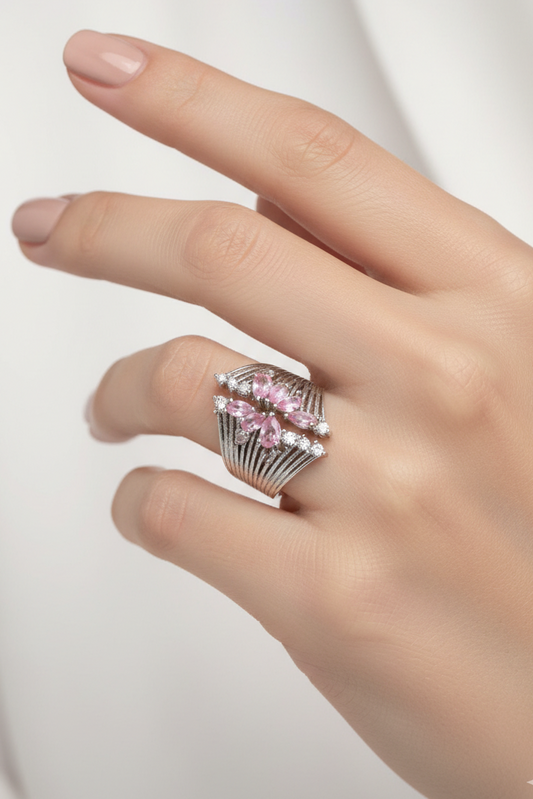 ✨Vintage Silver & Pink crystal chunky ring🏛️
