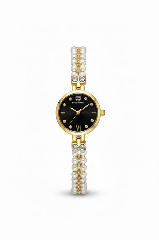 Pearl braided black dial watch