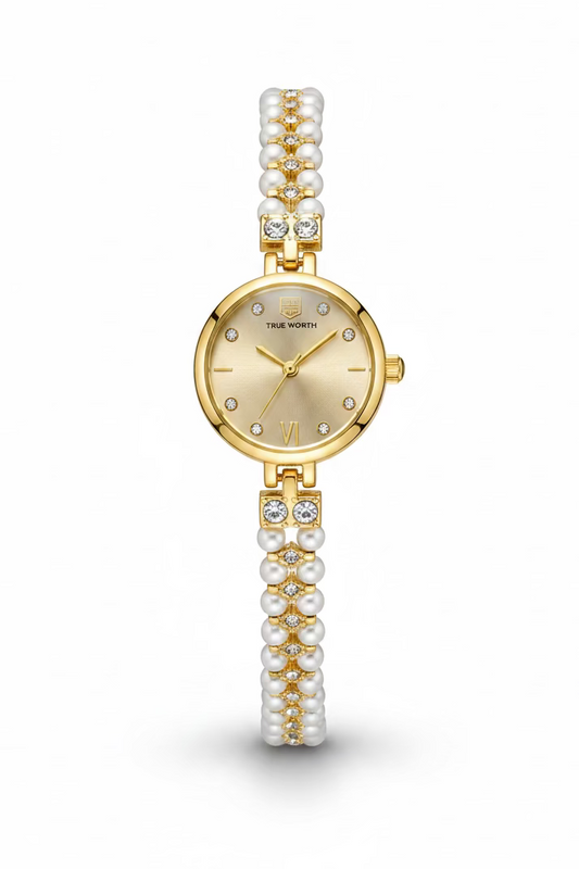 Pearl braided golden dial watch