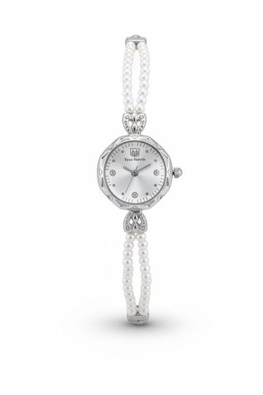 Silver pearl braided white dial watch