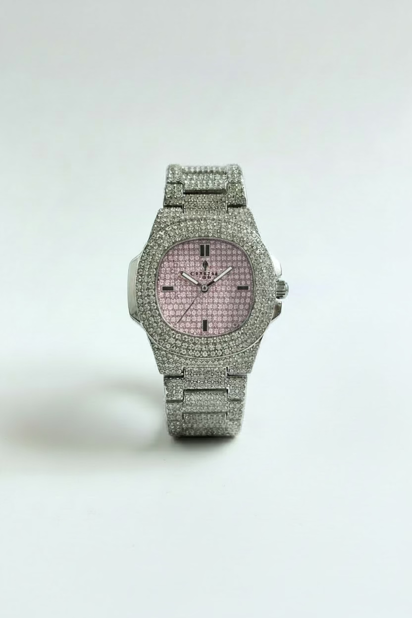Iced out baby pink dial crystal watch