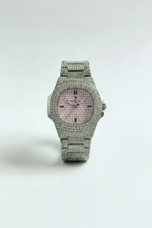 Iced out baby pink dial crystal watch