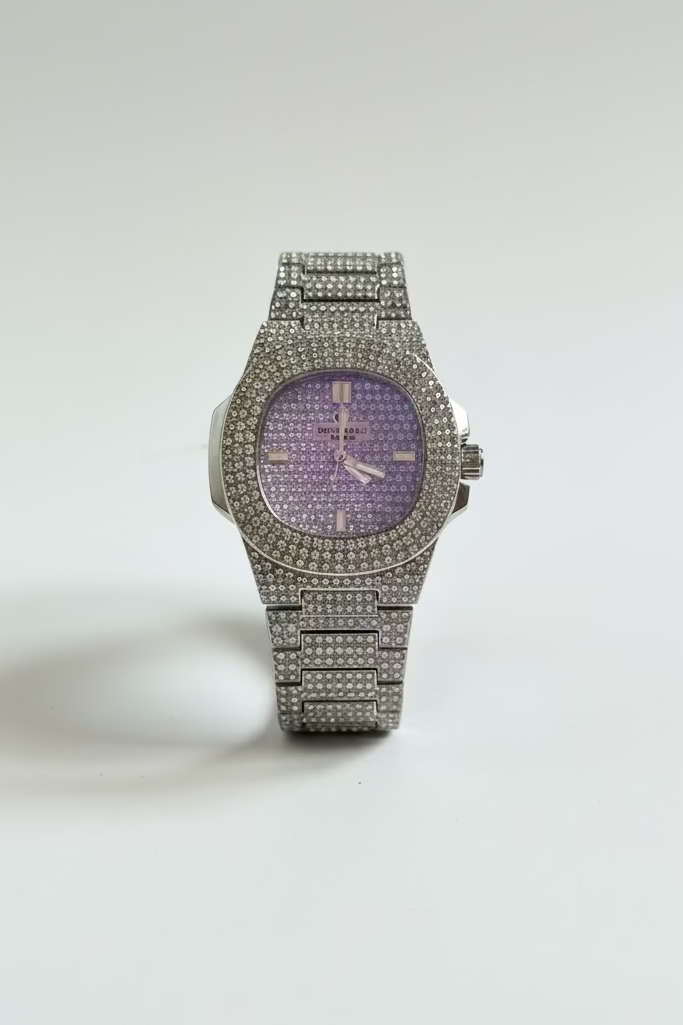 Iced out lilac dial crystal watch