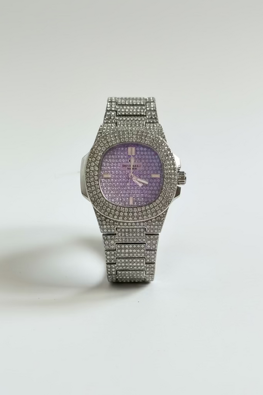 Iced out lilac dial crystal watch