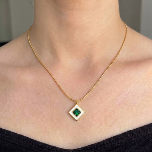 ✨Stainless steel White Enamel Emerald Stone Gold Pendant ✨