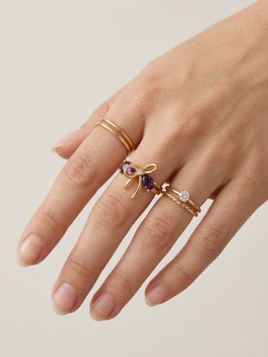 ✨Stainless steel Gold lilac Rhinestone bow adjustable Ring ✨