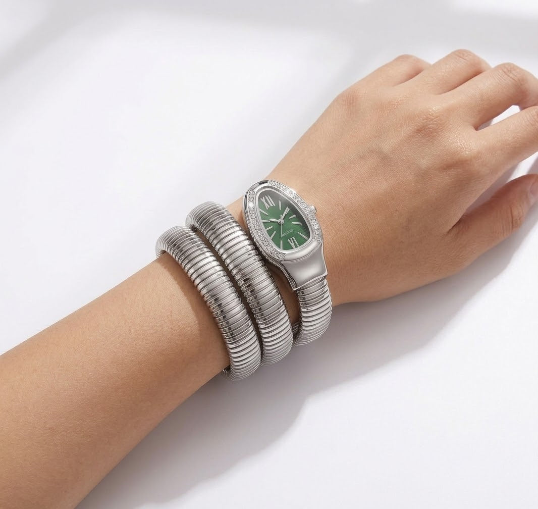 Crystal studded Emerald dial serpenti snake Silver Bvlg watch