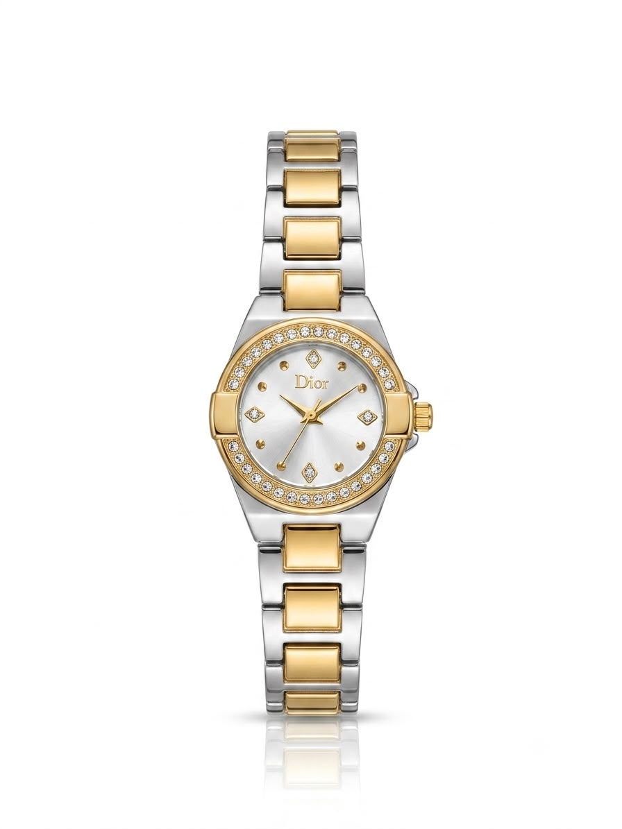 SilverXGold crystal studded dior watch