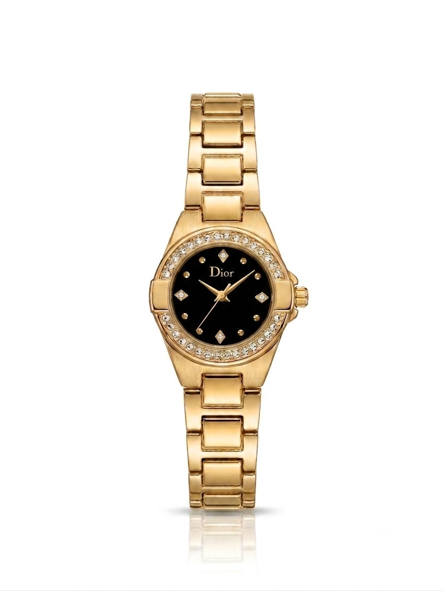 Crystal studded golden black dial watch